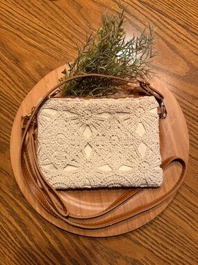Cream Crochet Crossbody with Brown Strap